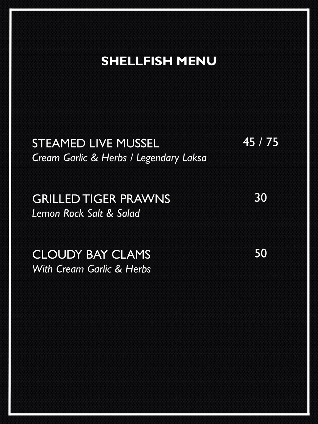 Shellfish Menu – SOUTHERN ROCK SEAFOOD